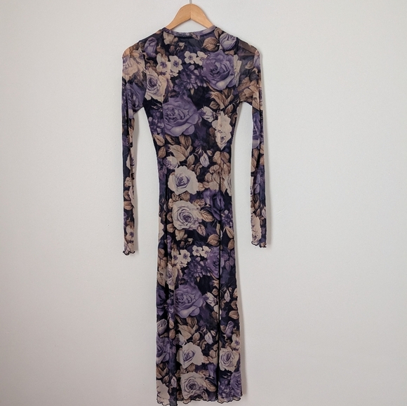 Free People Purple Moody Floral Gianni Mesh Long Sleeve Drape Waist Midi Dress - Picture 5 of 6